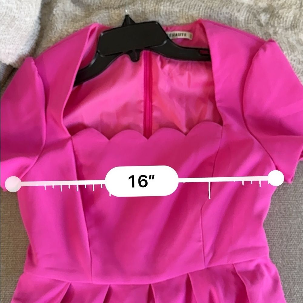 Fehaute Scalloped Square Neck Short Sleeve A-Line Midi Dress in Rose Red 4 NWOT - Picture 13 of 15